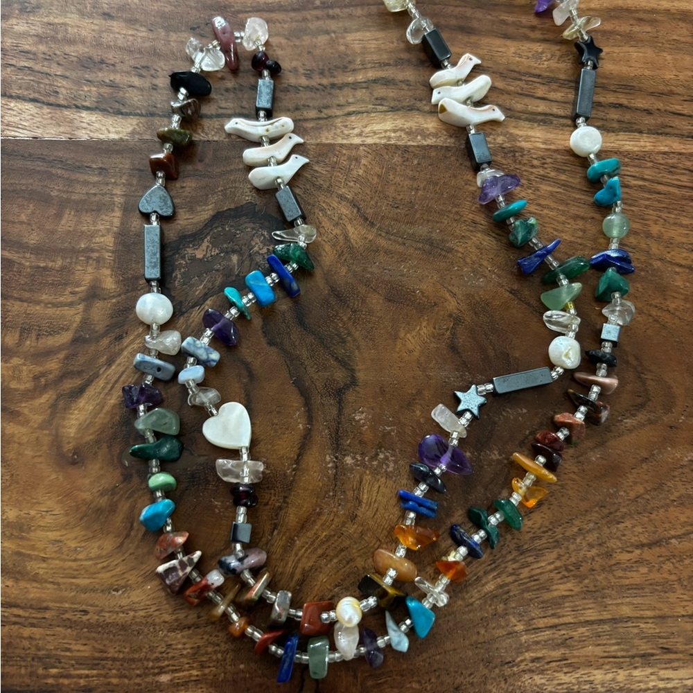Multi-Color Natural Stone & Shell Beaded Necklace vintage Fetish necklace OOAK